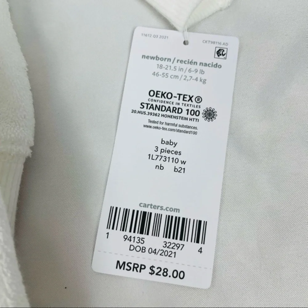 Carter’s 3 Piece Jogging Suit - NWT | Baby NB - Unisex | White Grey